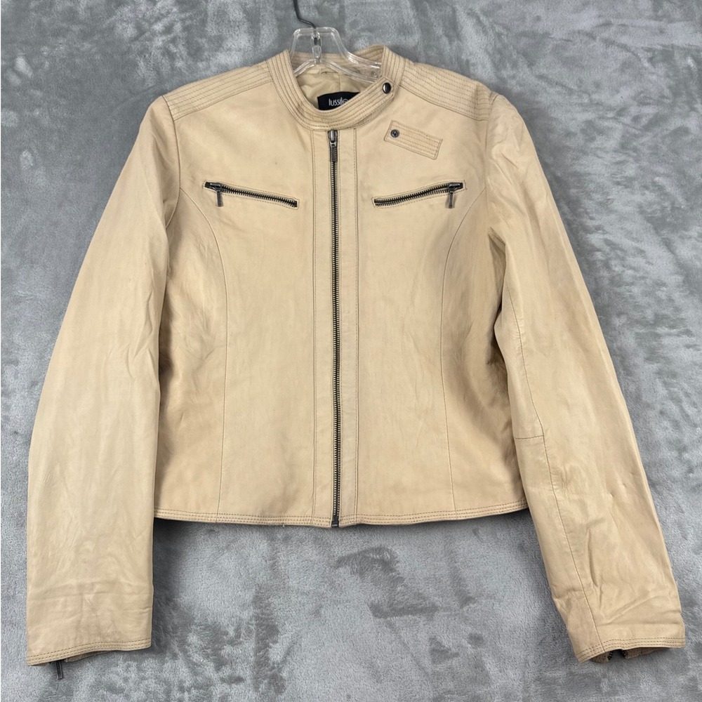 Lussile Womens Sheep Leather Moto Jacket Beige Tan Cafe Racer Size S